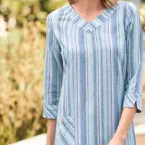 norm thompson side button dress vertical stripes/front/pocket/linen blend Sz PM‎